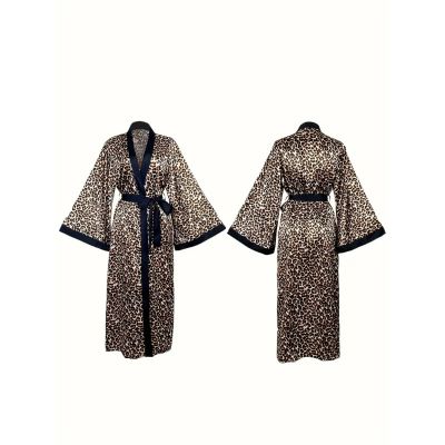 Elegant Satin Leopard Print Dressing Gown with V-Neck and Long Sleeves 