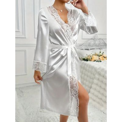 Women's Solid Color Lace Trim Elegant Sleep Robe
