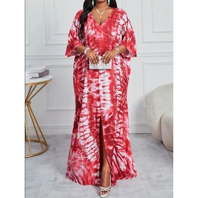 Women’s Plus Size Tie Dye V-Neck Tunic Dress, Elegant 