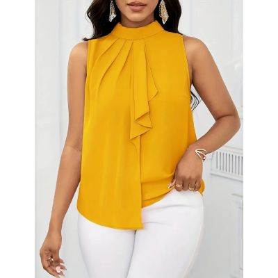 Plus Size Women's Elegant Ruffled Chest Blouse - Machine Washable Round Neck