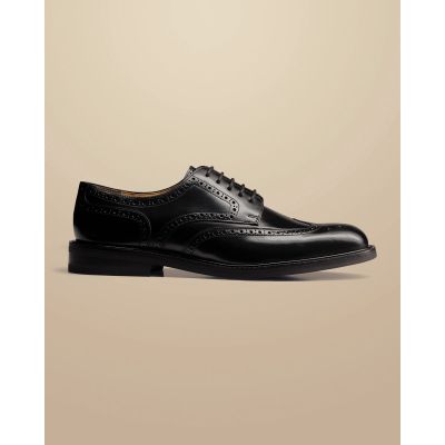 High Shine Leather Derby Brogue Rubber Sole Shoe - Black