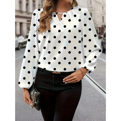 Elegant Polka Dot Long Sleeve Blouse with Cut-Out Detail